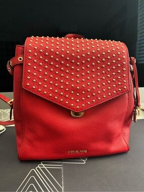 Michael Kors Red Pebbled Leather Studded Backpack
